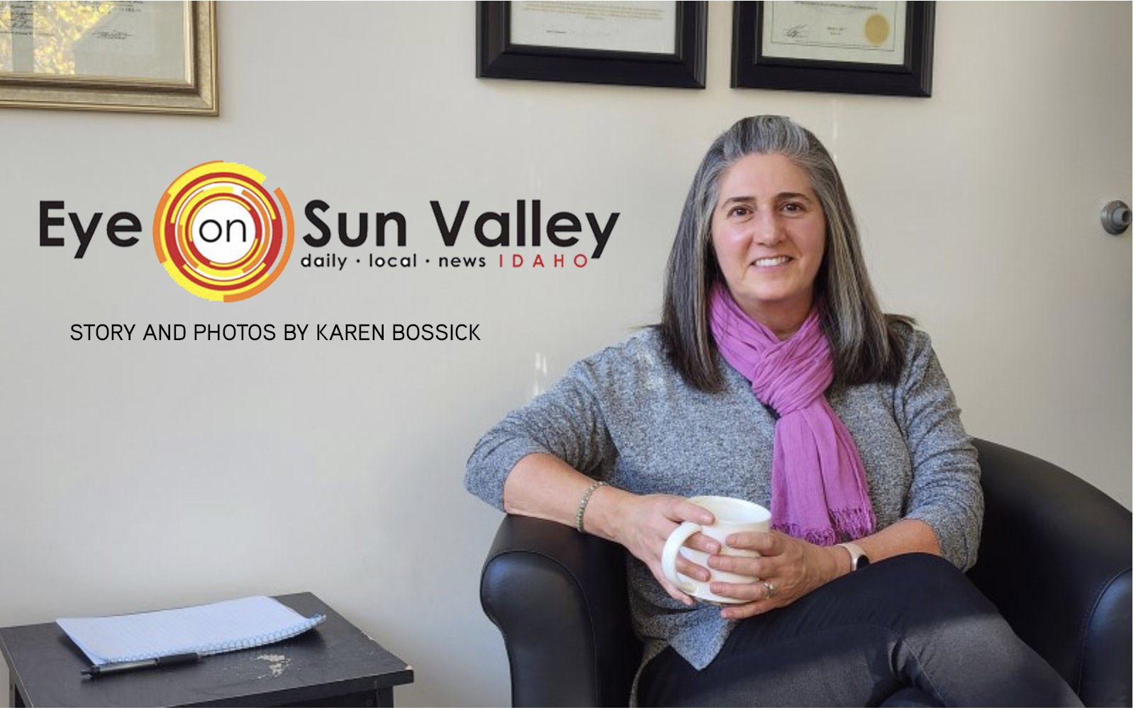 Woman sitting on chair with coffee cup | Kim Hayes
